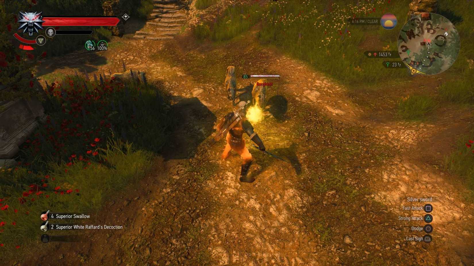 Geralt in The Witcher 3 fighting a pack of barghest while Quen is active.