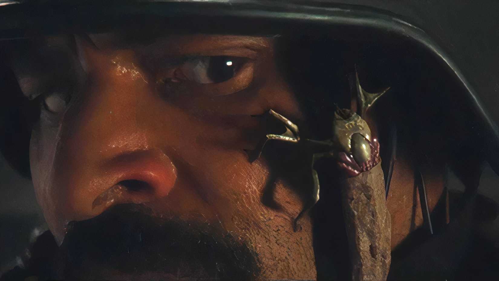 One of Alien: Earth's ticks crawls on a soldier's face.