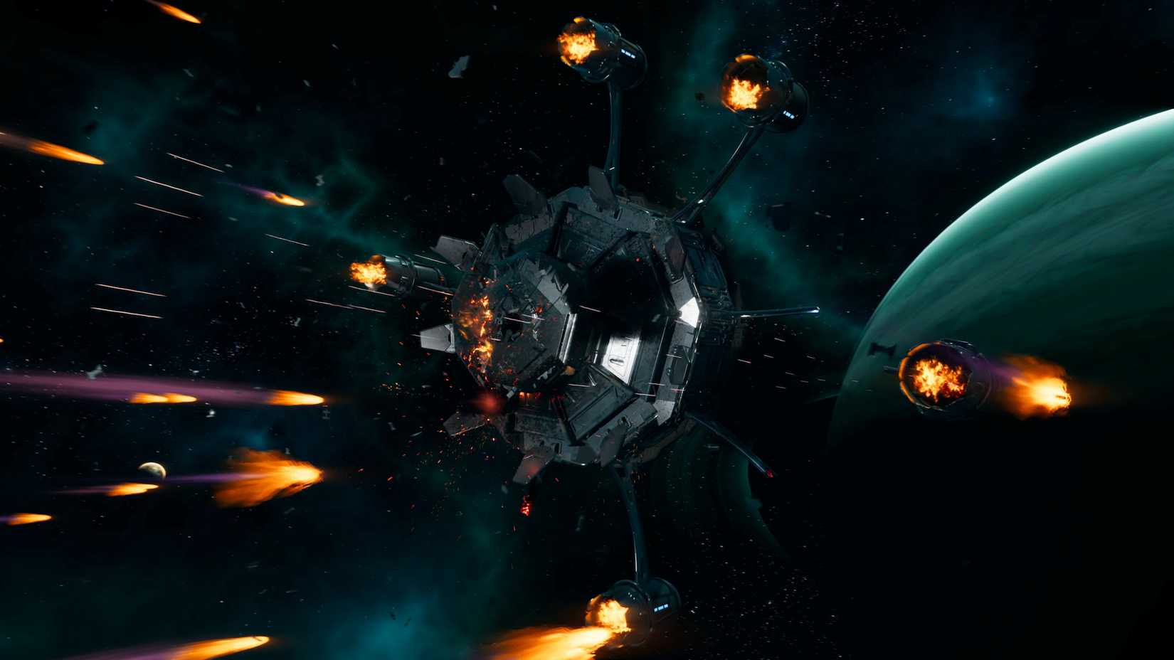A fiery building is jettisoned into space.