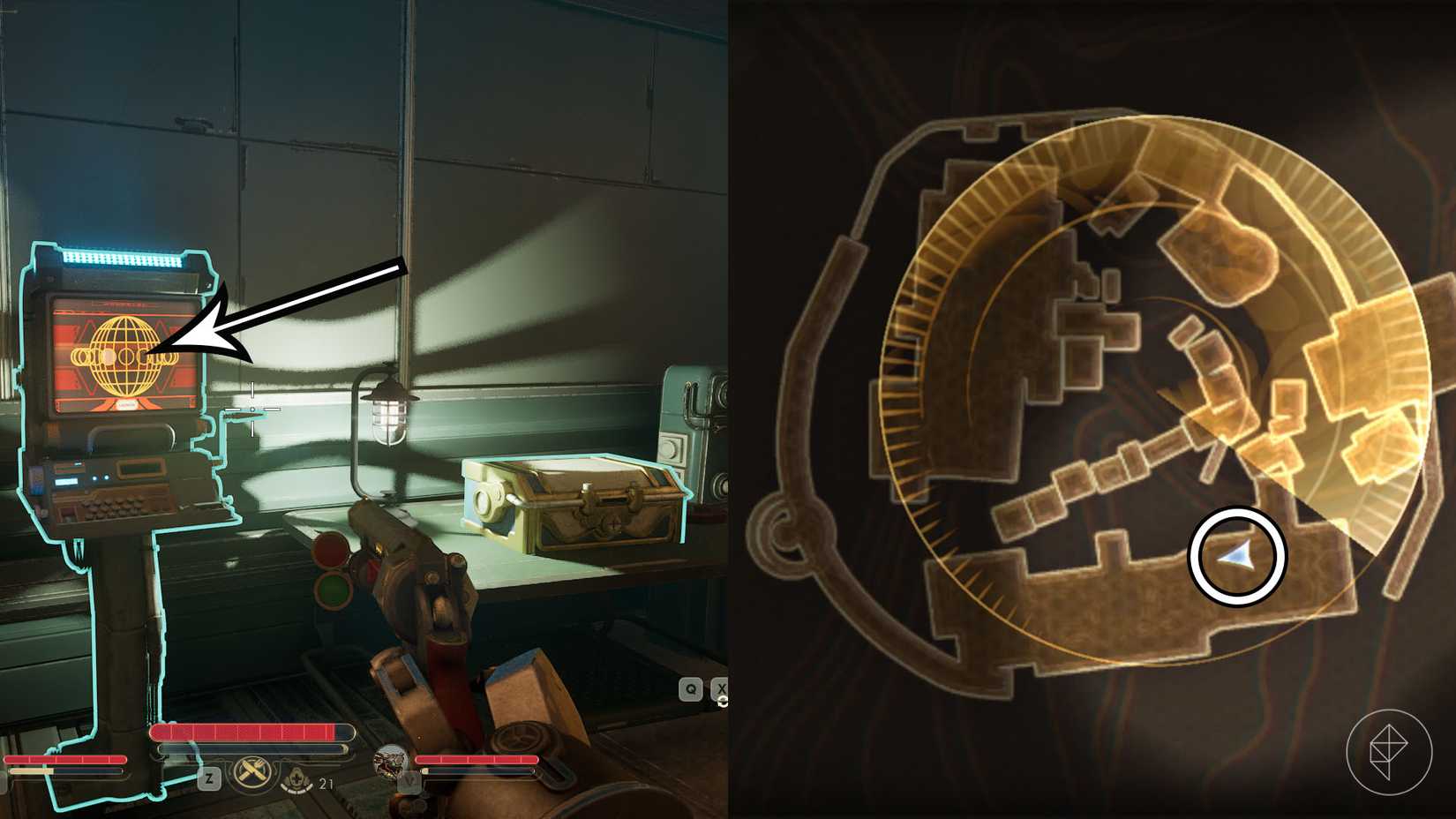 Uma montagem de duas capturas de tela de The Outer Worlds 2 mostrando onde encontrar a pista número 1 na missão Medidas Arbitrárias