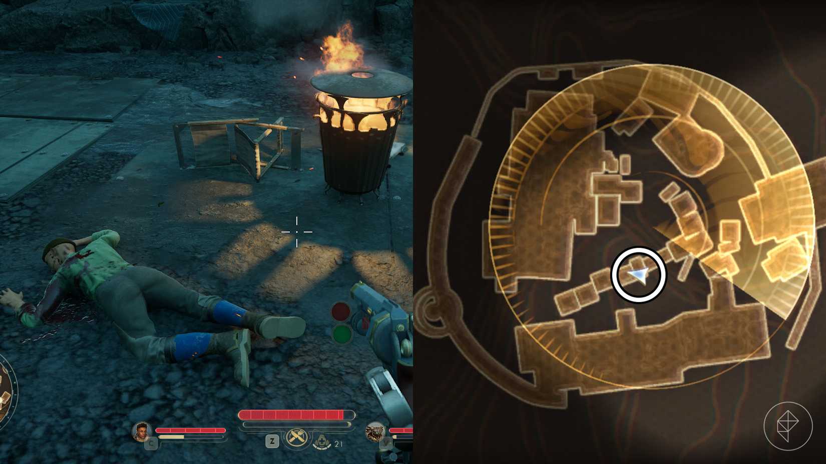 Uma montagem de duas capturas de tela de The Outer Worlds 2 mostrando onde encontrar a pista número 2 na missão Medidas Arbitrárias