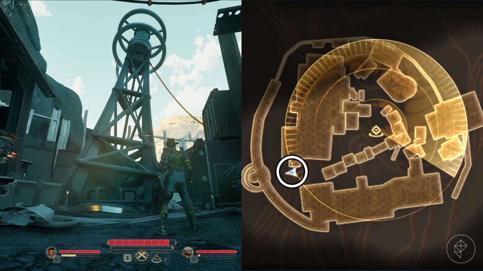 Uma montagem de duas capturas de tela de The Outer Worlds 2 mostrando onde encontrar a pista número 3 na missão Medidas Arbitrárias