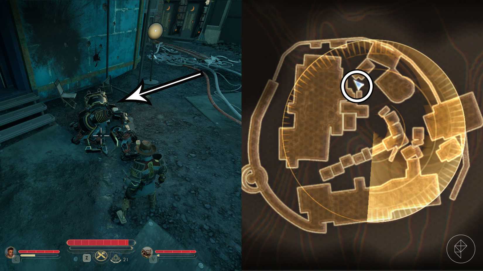 Uma montagem de duas capturas de tela de The Outer Worlds 2 mostrando onde encontrar a pista número 4 na missão Medidas Arbitrárias