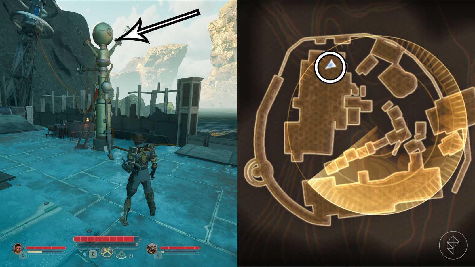 Uma montagem de duas capturas de tela de The Outer Worlds 2 mostrando onde encontrar a pista número 5 na missão Medidas Arbitrárias