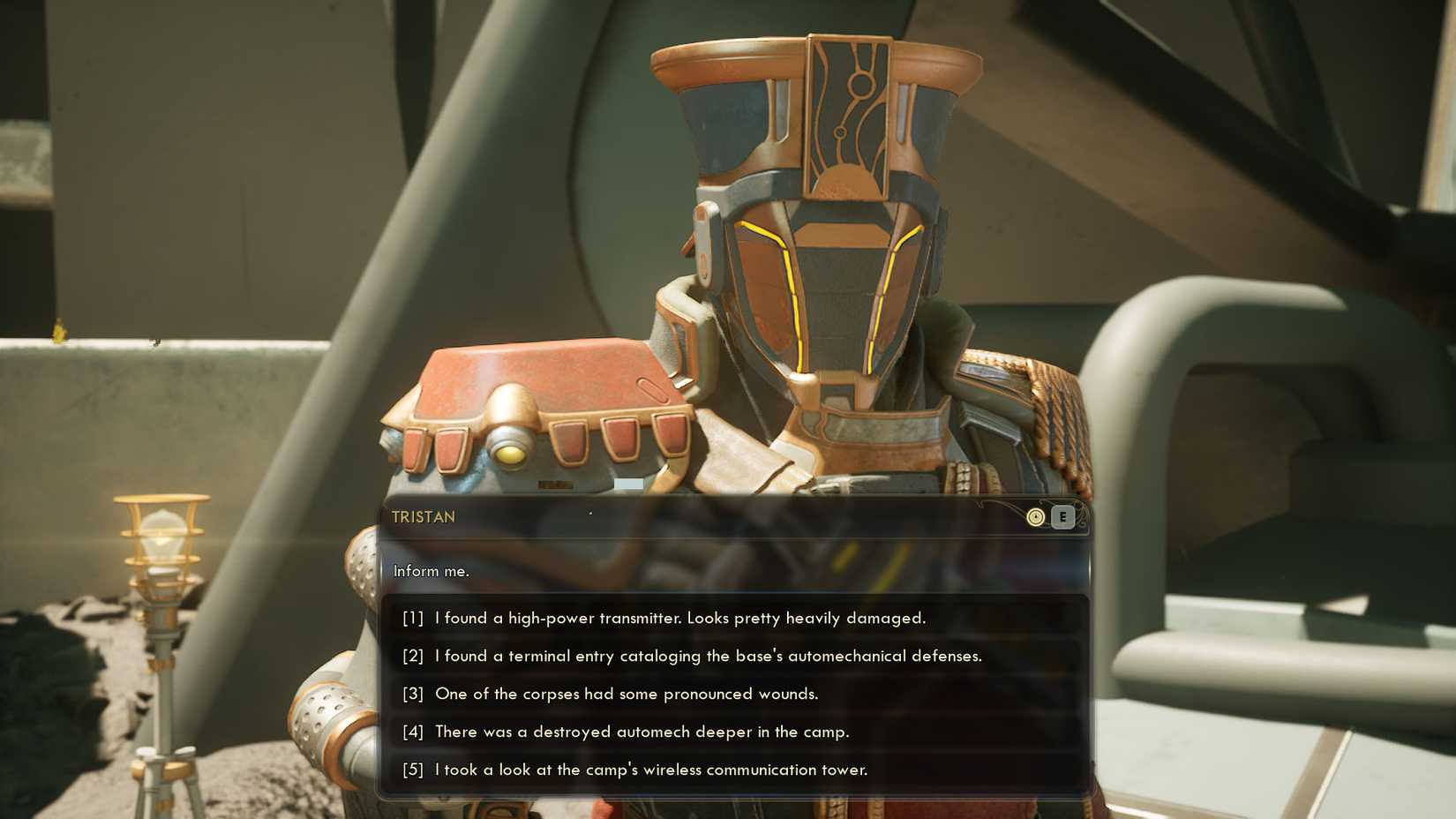 Uma captura de tela de The Outer Worlds 2 mostrando todas as opções de diálogo que aparecem ao falar com Tristan após encontrar as cinco pistas no "Medidas Arbitrárias" missão paralela