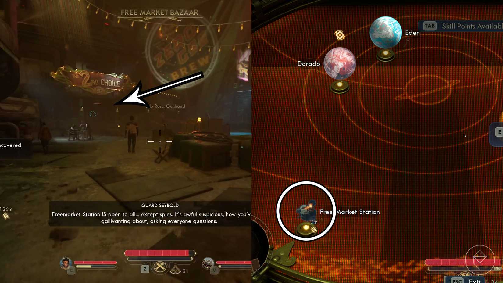 A montage of two The Outer Worlds 2 screenshots showing where to find the "Arbitrary Measures" quest