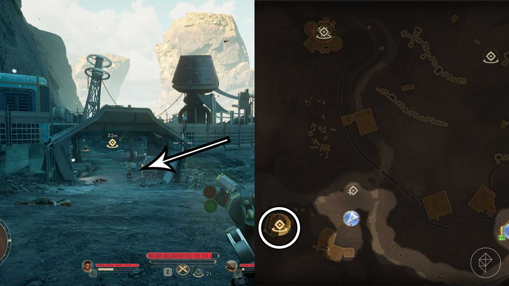 Uma montagem de duas capturas de tela de The Outer Worlds 2 mostrando onde os jogadores encontram Tristan para completar a missão paralela Medidas Arbitrárias