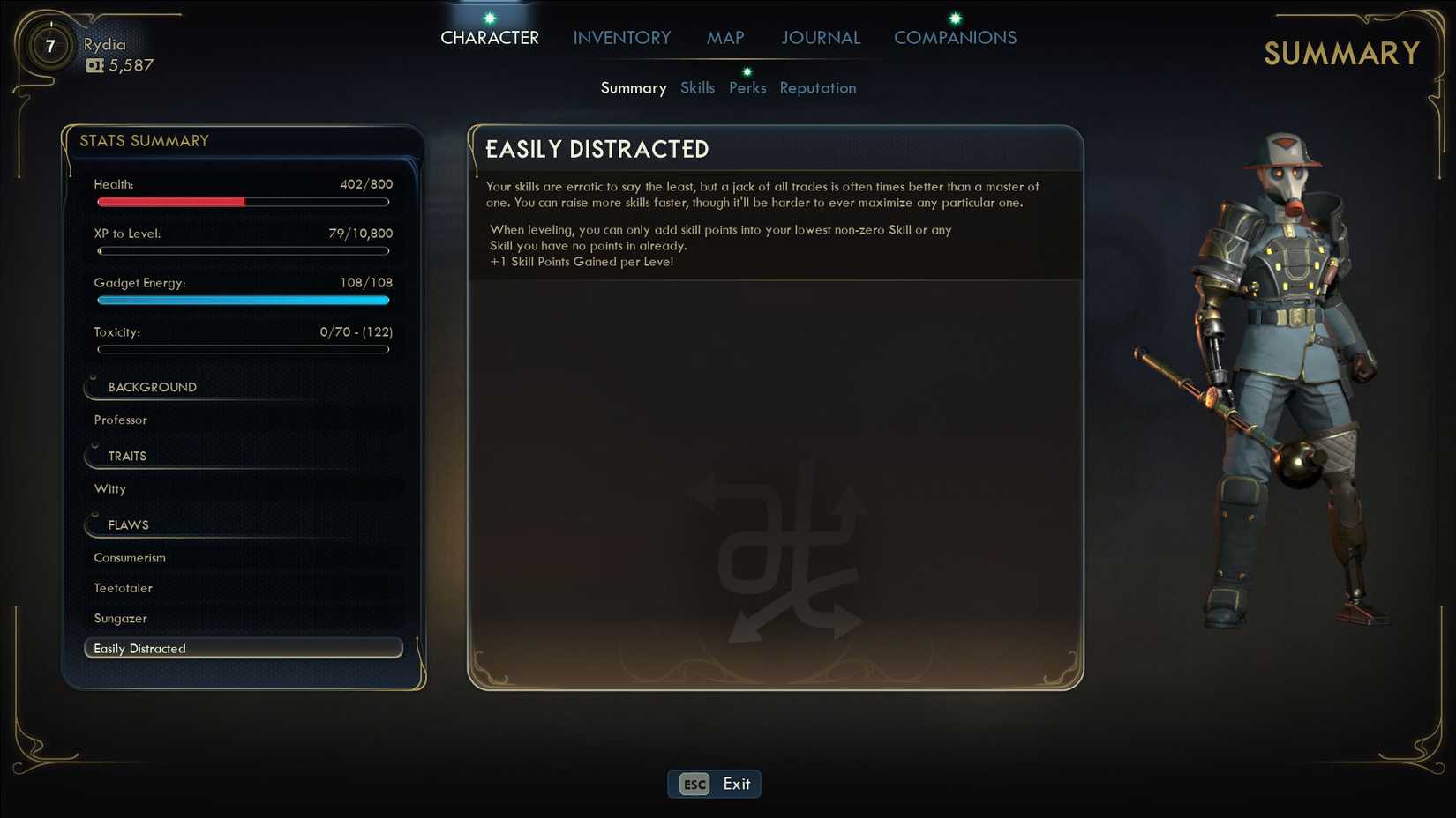 A The Outer Worlds 2 screenshot showing the character screen and where the accepted flaws are listed