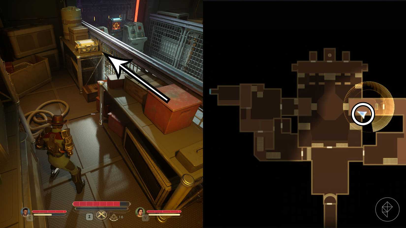 Монтаж двух скриншотов The Outer Worlds 2, показывающий расположение сейфа Auto-hacker 5000.