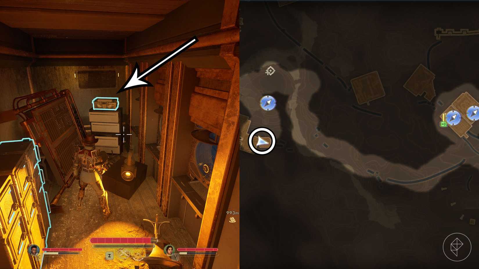 Монтаж двух скриншотов The Outer Worlds 2, показывающий расположение сейфа Bowlzerker.