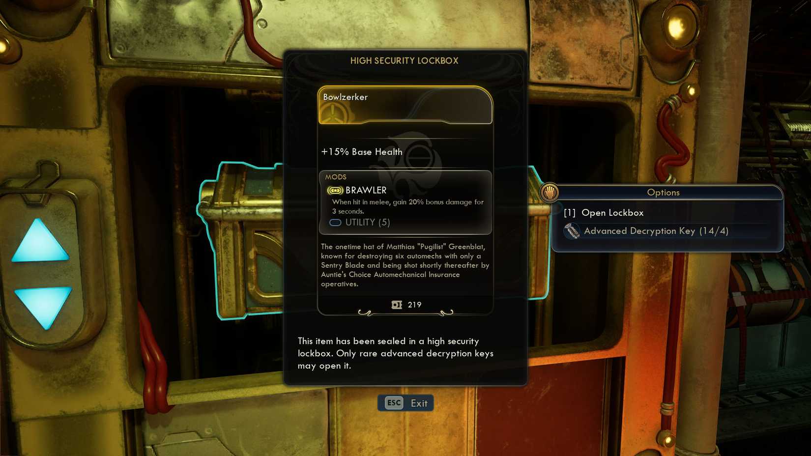 Скриншот The Outer Worlds 2, показывающий описание сейфа Bowlzerker.