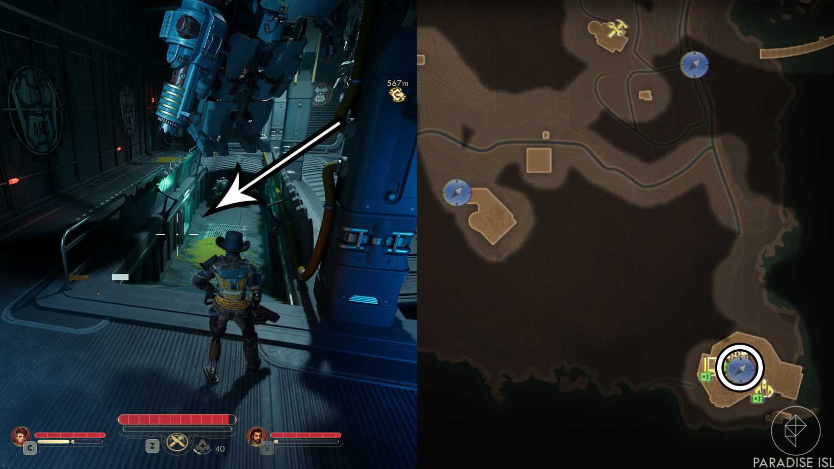 Монтаж из двух скриншотов The Outer Worlds 2, показывающий расположение сейфа в куртке мертвеца.