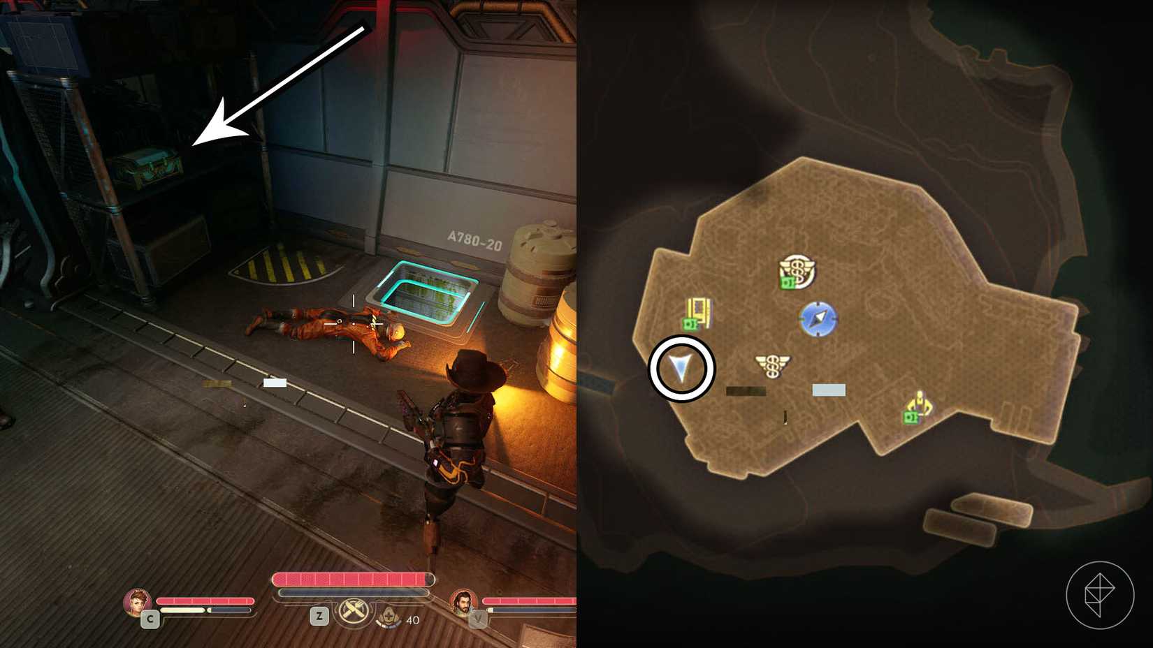 Монтаж двух скриншотов The Outer Worlds 2, показывающий расположение коробки с курткой мертвеца.