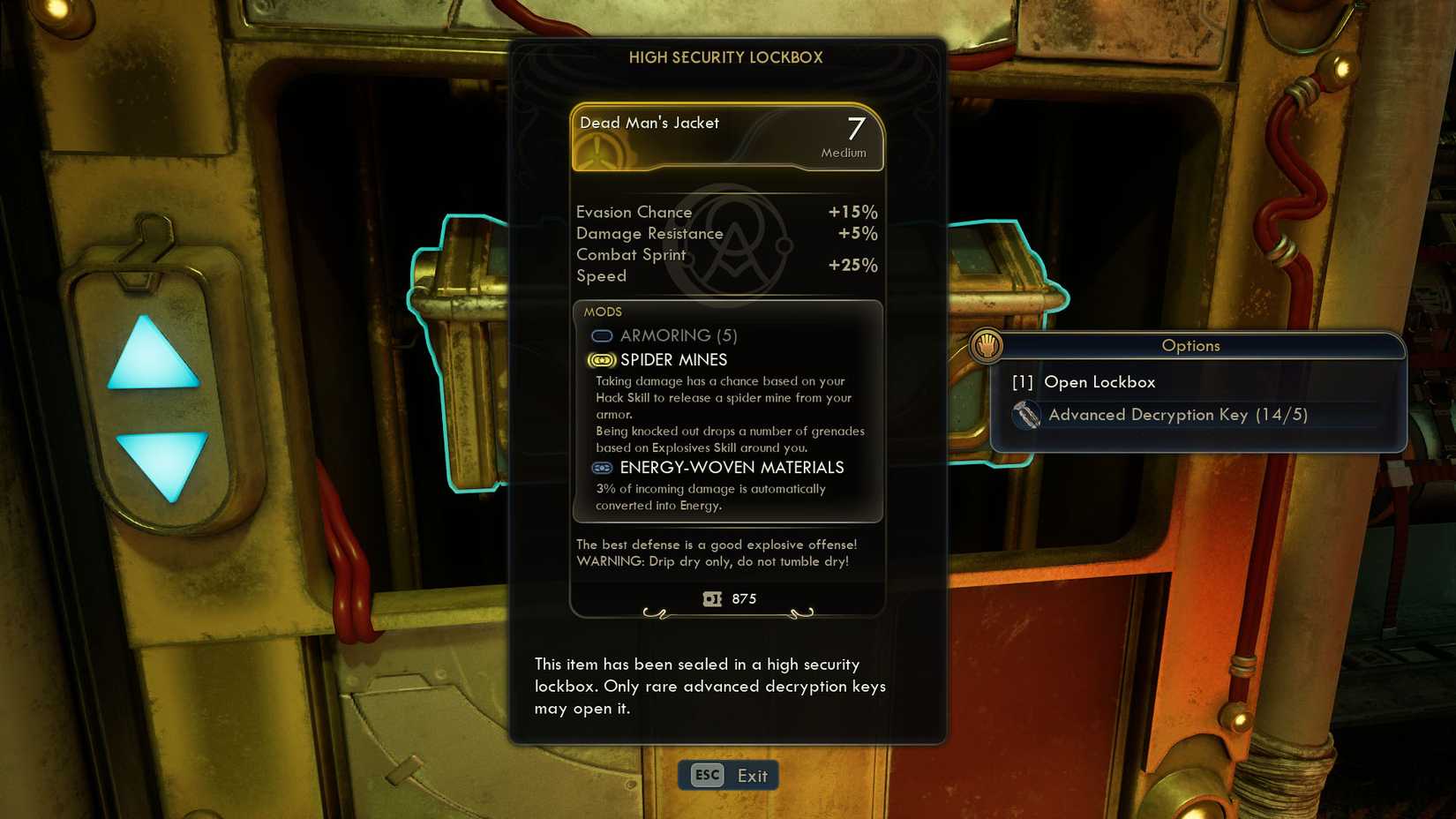 Скриншот The Outer Worlds 2, показывающий описание сейфа в шляпе менеджера.