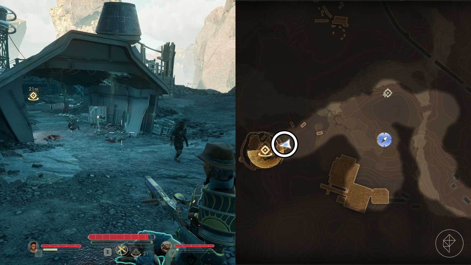 Монтаж двух скриншотов The Outer Worlds 2, показывающий расположение сейфа Одинокого рейнджера.