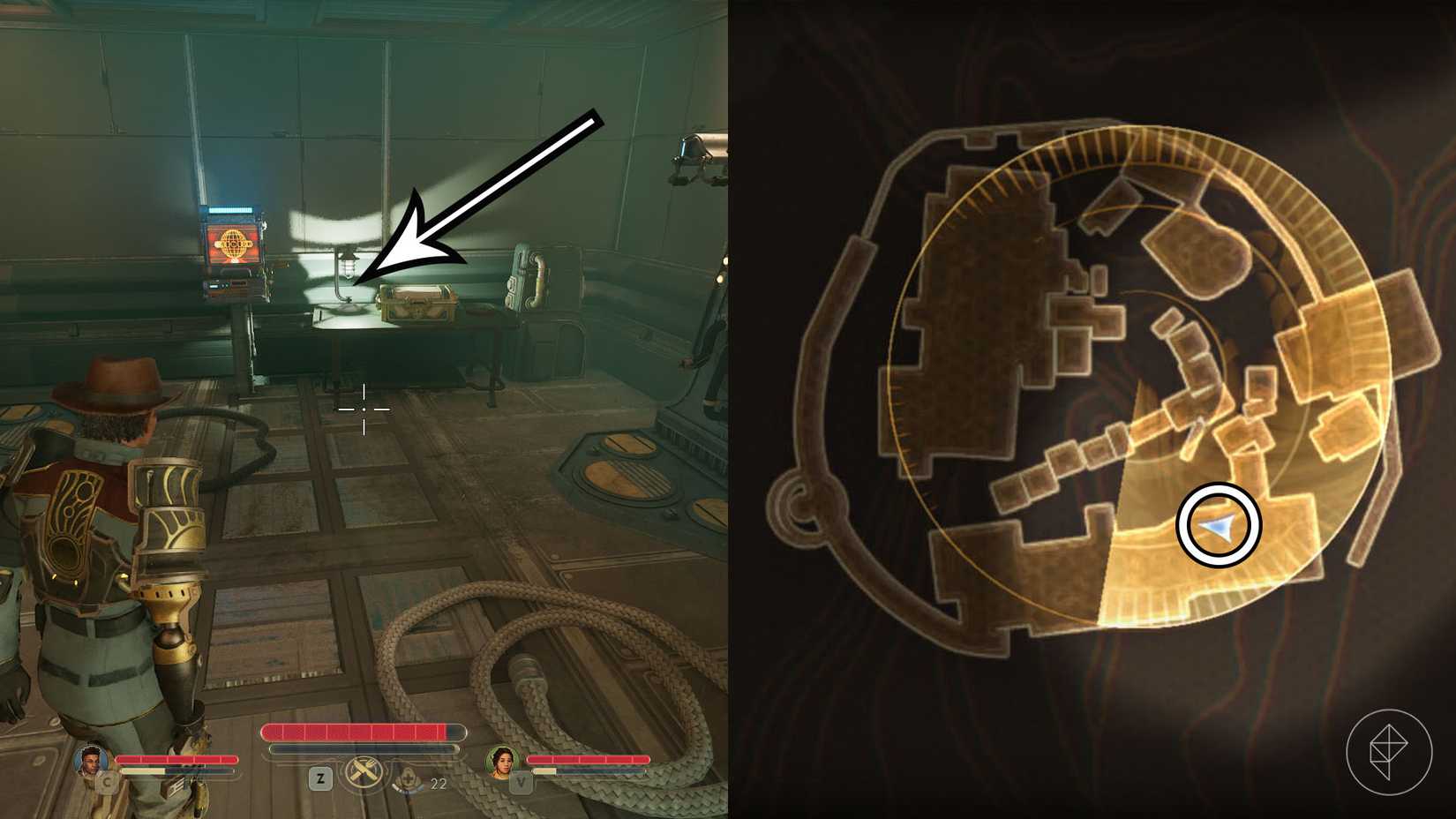Монтаж из двух скриншотов The Outer Worlds 2, показывающий расположение сейфа Одинокого рейнджера.