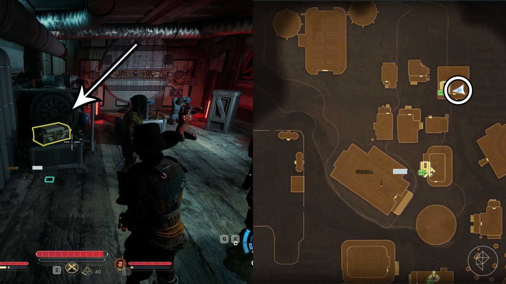 Монтаж из двух скриншотов The Outer Worlds 2, показывающий расположение сейфа менеджера, забирающего шляпу.