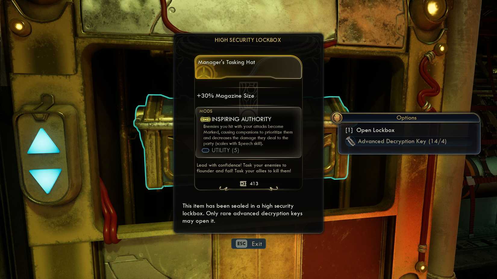 Скриншот The Outer Worlds 2, показывающий описание сейфа в шляпе менеджера.