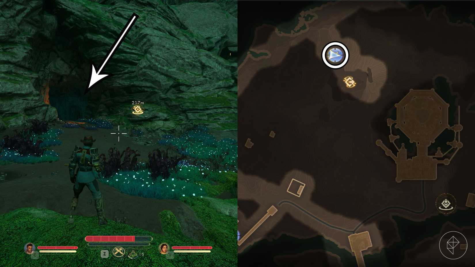 Монтаж из двух скриншотов The Outer Worlds 2, показывающий местонахождение сейфа «Лучший друг убийства».