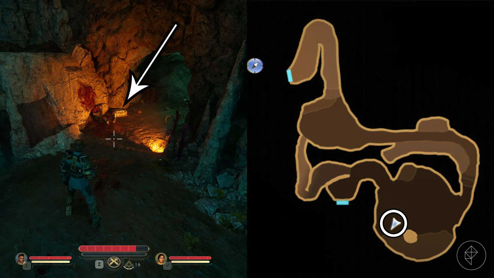 Монтаж из двух скриншотов The Outer Worlds 2, показывающий местонахождение сейфа «Лучший друг Мудера».