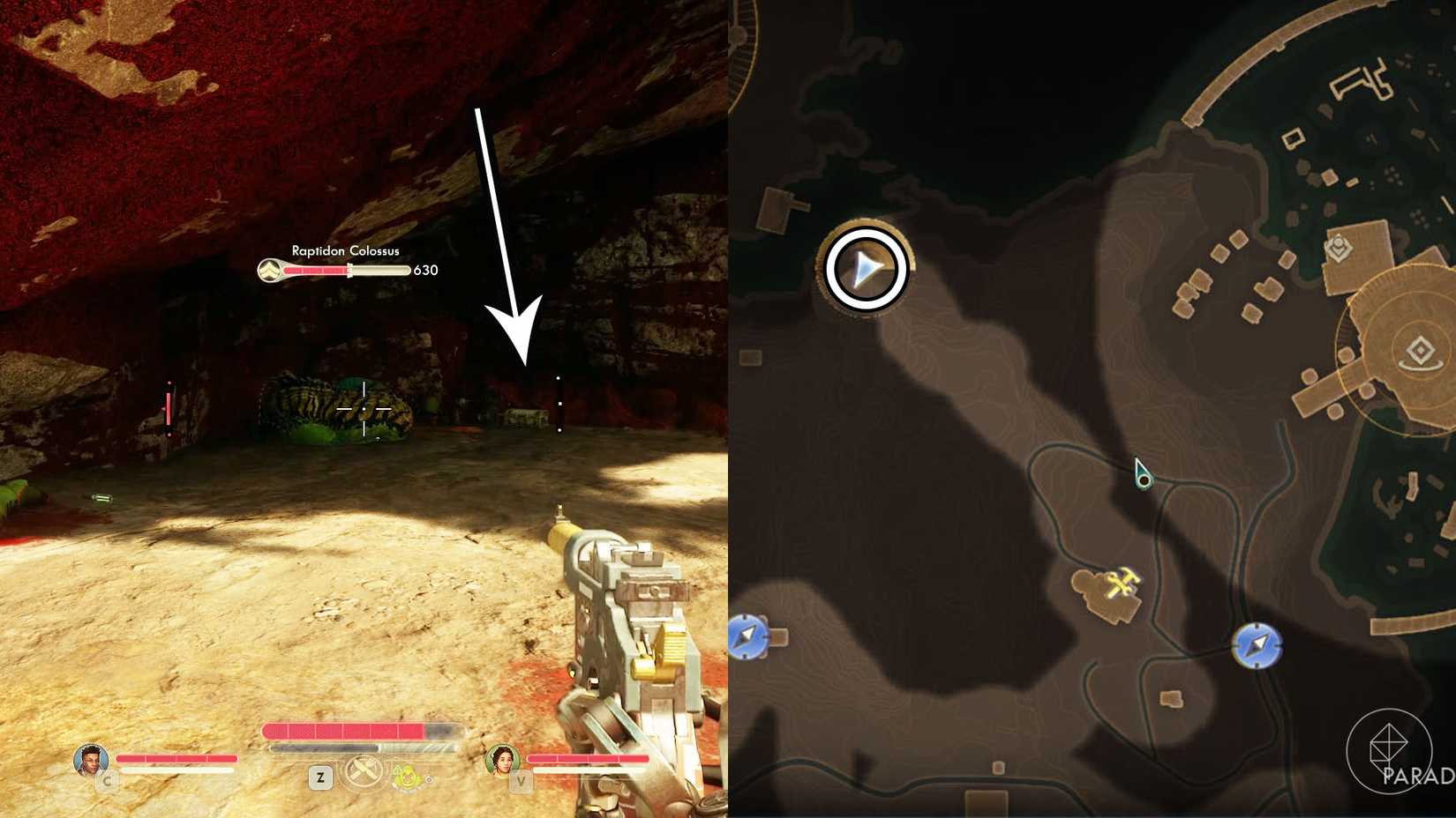 Монтаж из двух скриншотов The Outer Worlds 2, показывающий расположение сейфа местных видов.