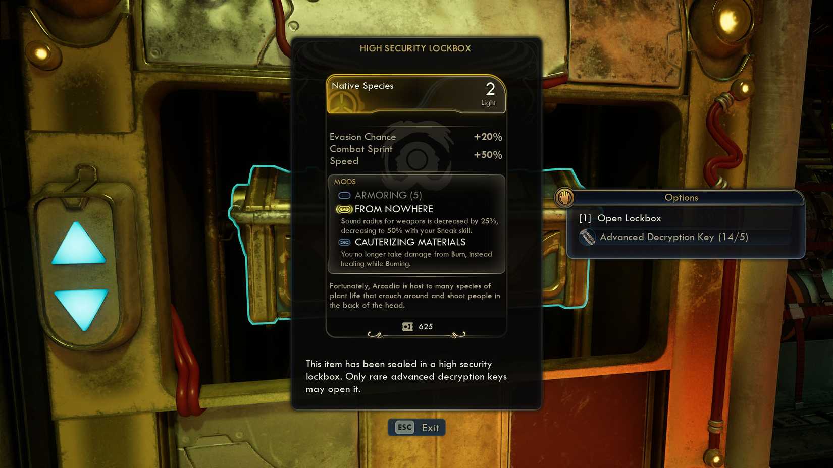 Скриншот The Outer Worlds 2, показывающий описание сейфа местных видов.