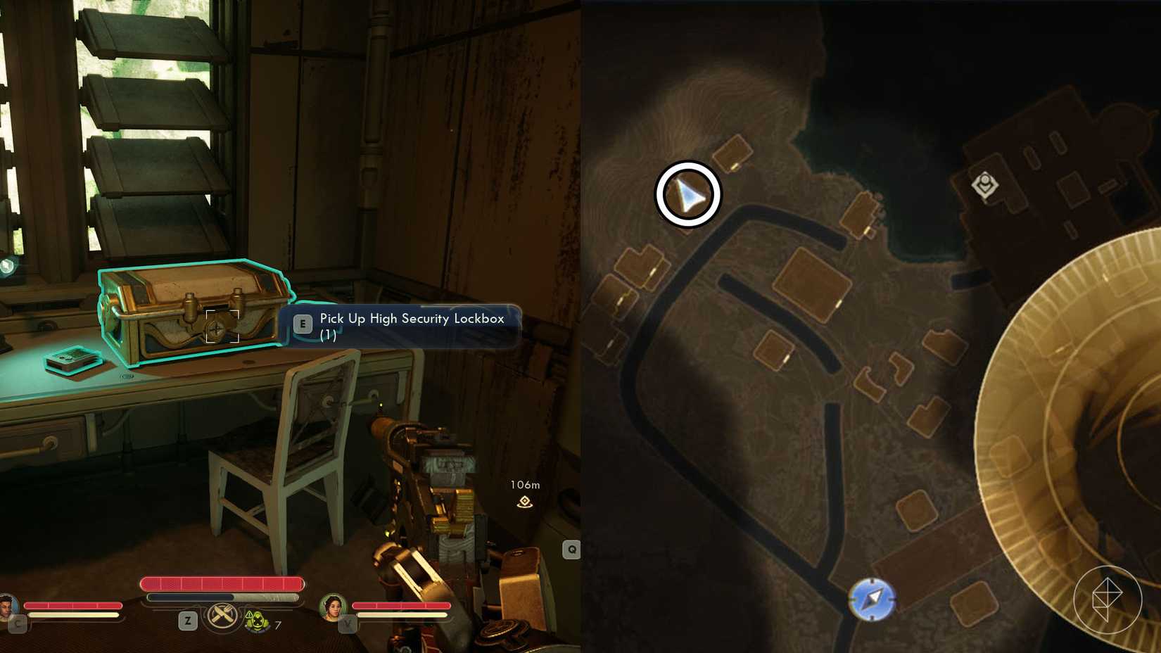 Монтаж двух скриншотов The Outer Worlds 2, показывающий расположение сейфа с дистанционным детонатором.