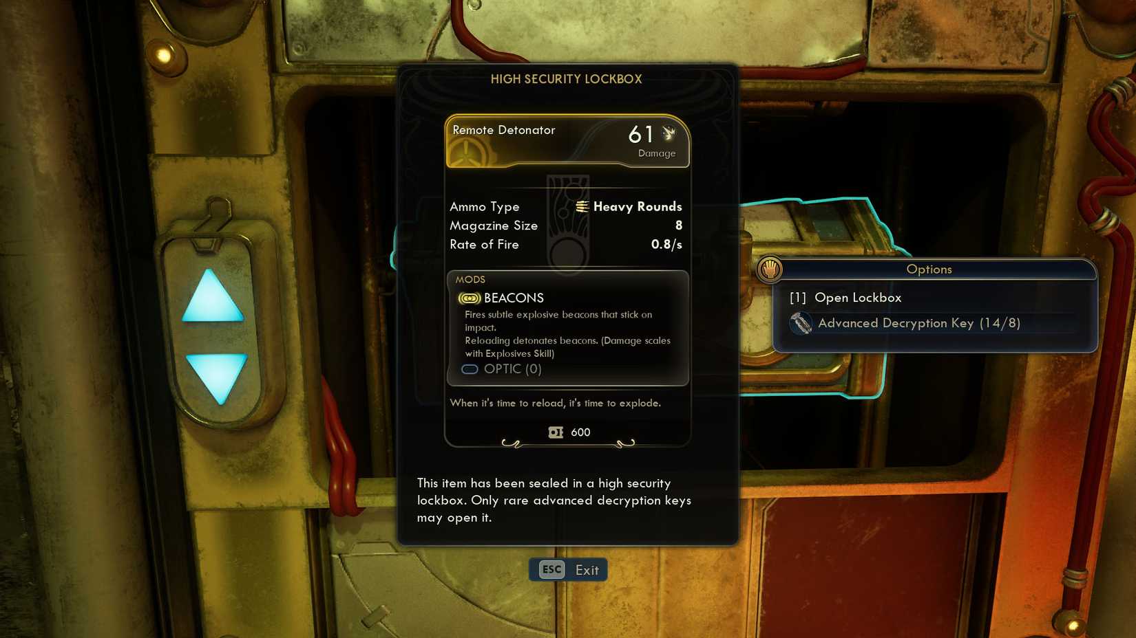 Скриншот The Outer Worlds 2, показывающий описание сейфа с дистанционным детонатором.
