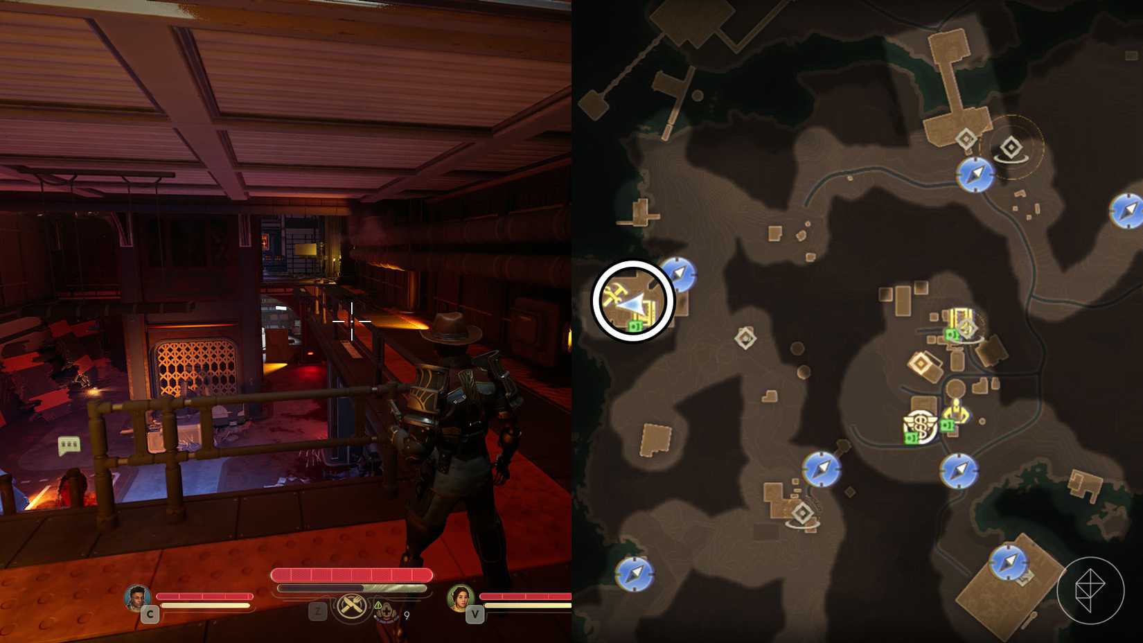 Монтаж из двух скриншотов The Outer Worlds 2, показывающий расположение сейфа Tactical Trajectile Defense-Dome.