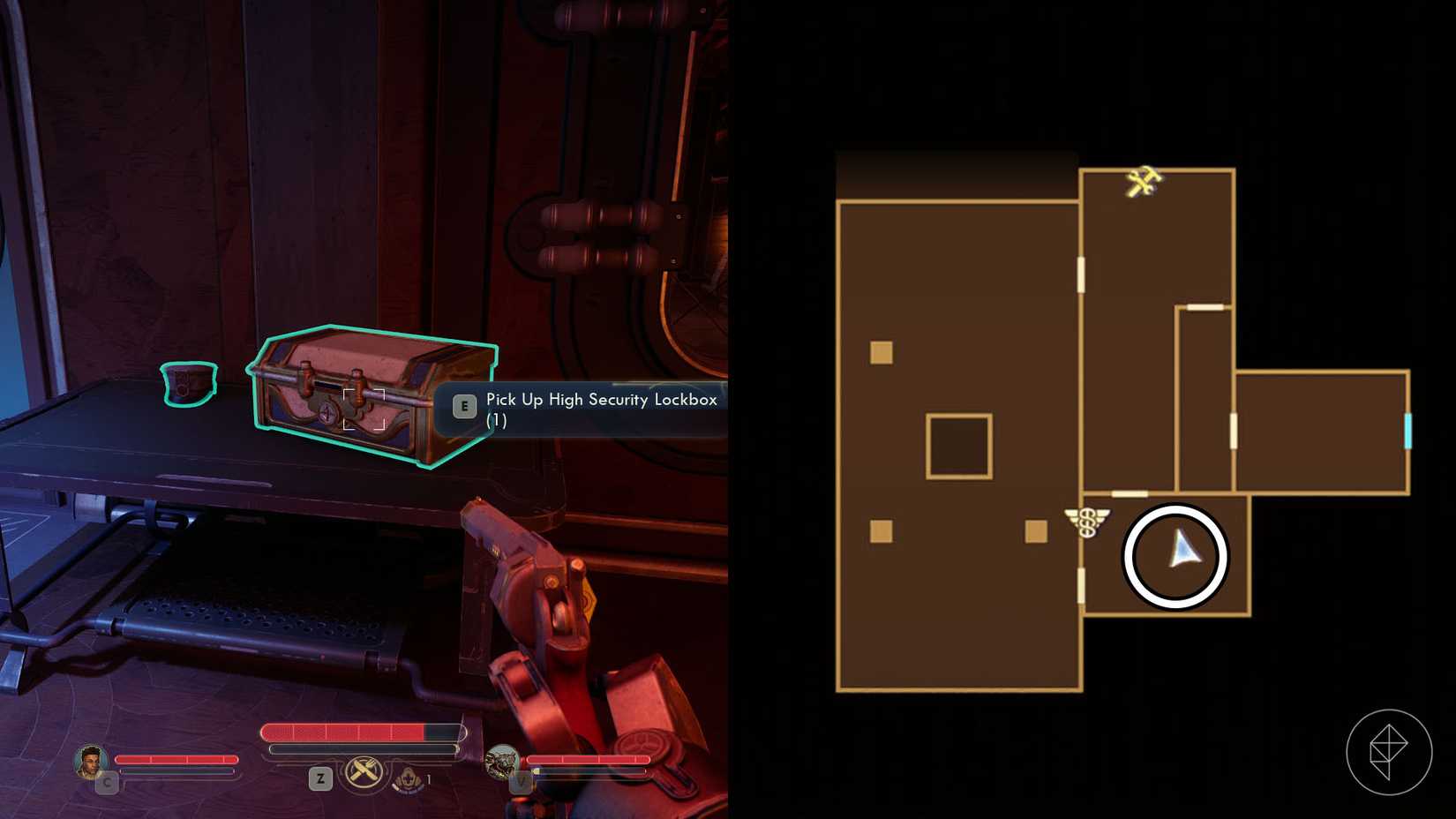 Монтаж из двух скриншотов The Outer Worlds 2, показывающий расположение сейфа Tactical Trajectile Defense-Dome.