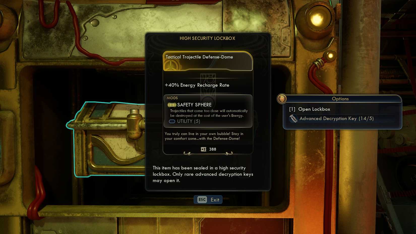 Скриншот The Outer Worlds 2, показывающий описание сейфа Tactical Trajectile Defense-Dome.