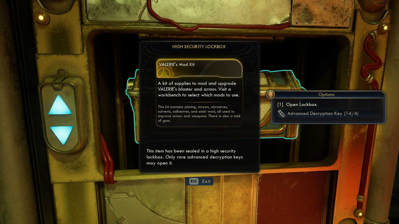 Скриншот The Outer Worlds 2, показывающий описание сундука с набором модов VALERIE's Mod Kit.