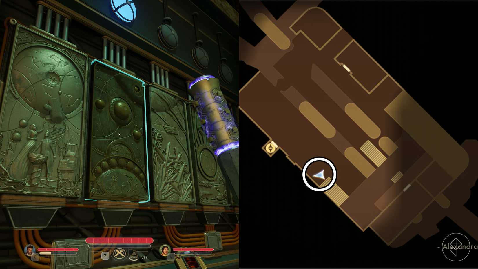A montage of two The Outer Worlds 2 screenshots showing the location of the piece of mural number 1