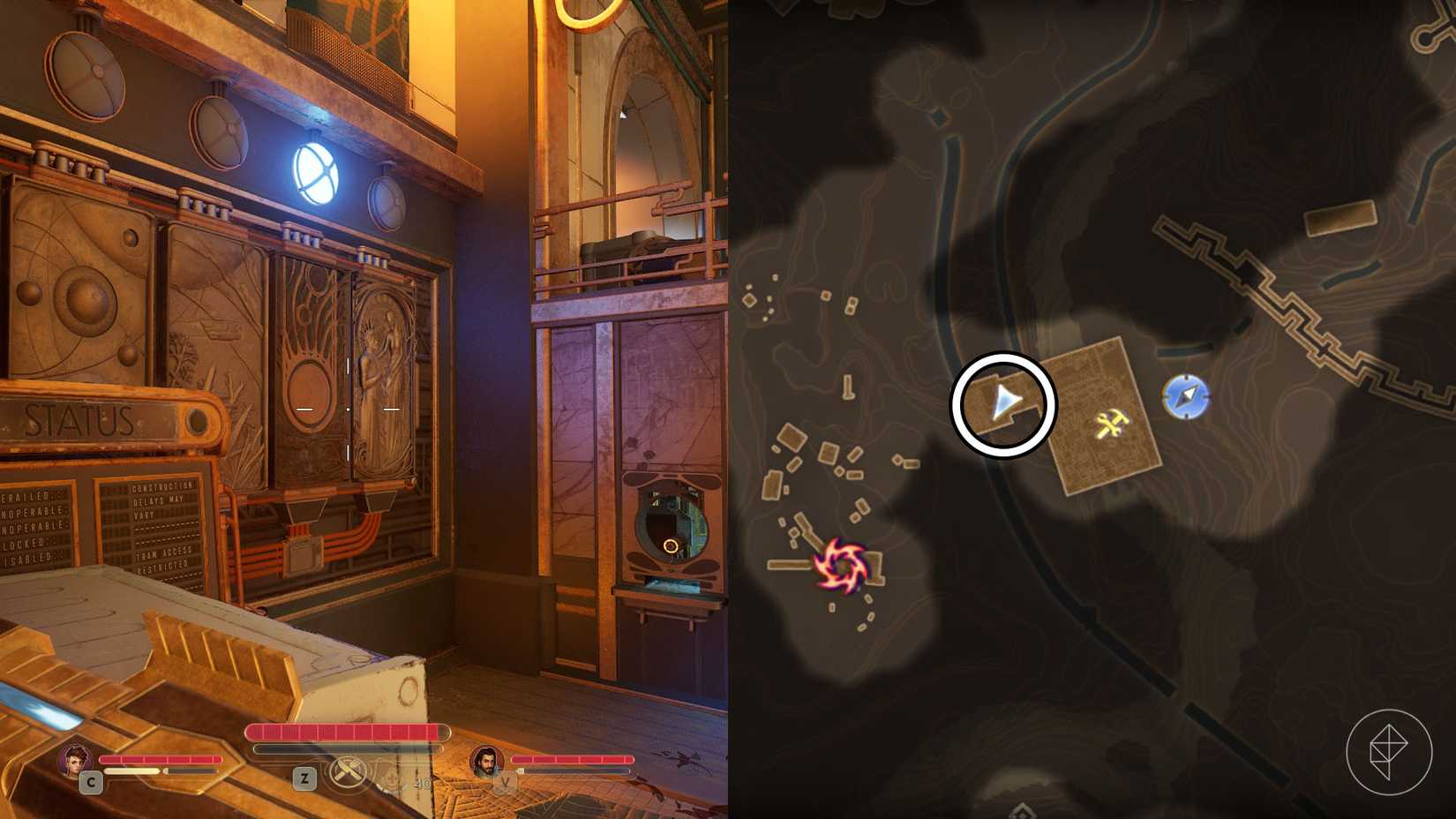 A montage of two The Outer Worlds 2 screenshots showing the location of the piece of mural number 2