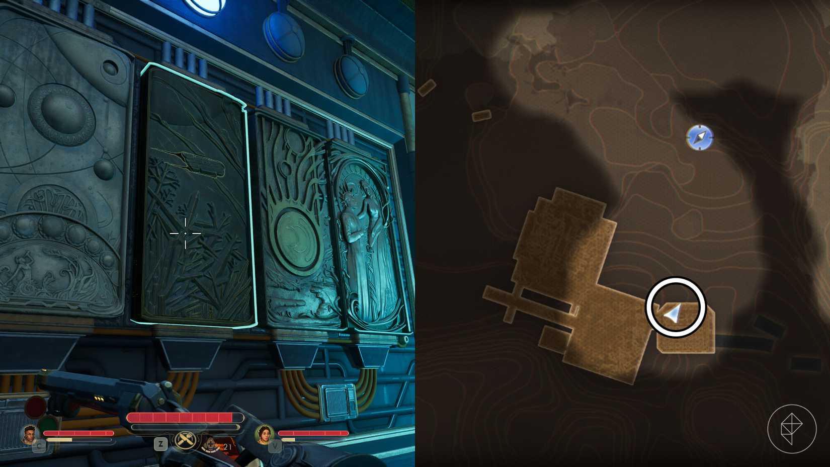 A montage of two The Outer Worlds 2 screenshots showing the location of the piece of mural number 3