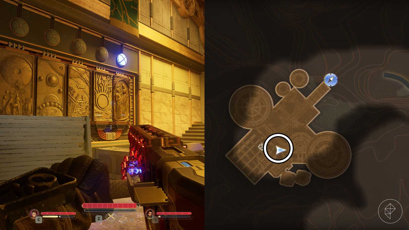 A montage of two The Outer Worlds 2 screenshots showing the location of the piece of mural number 4