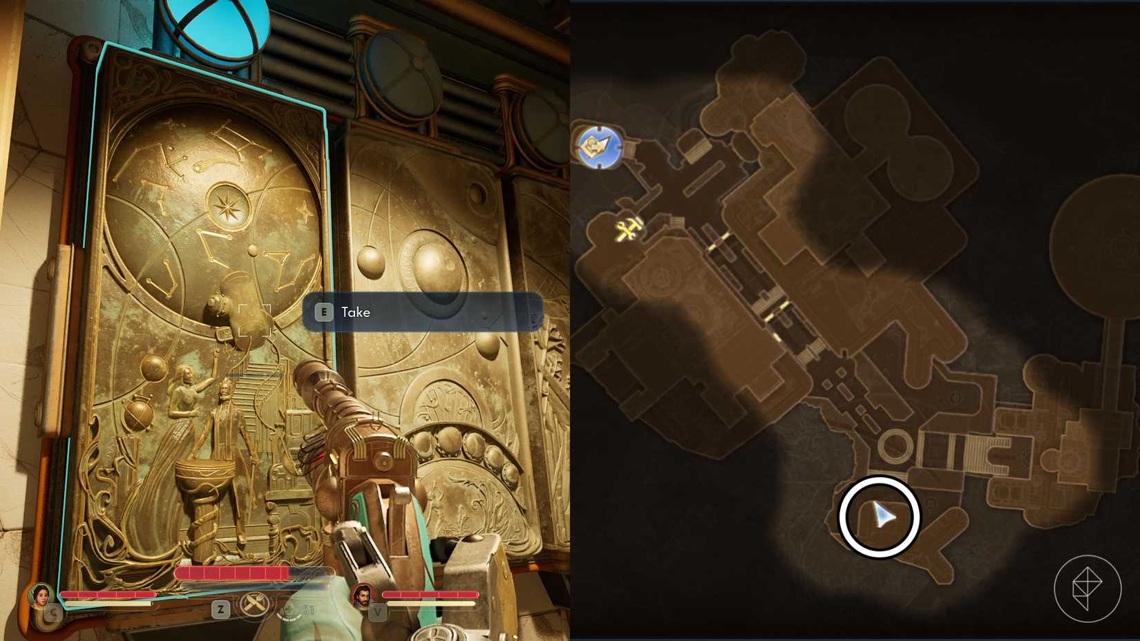 A montage of two The Outer Worlds 2 screenshots showing the location of the piece of mural number 5