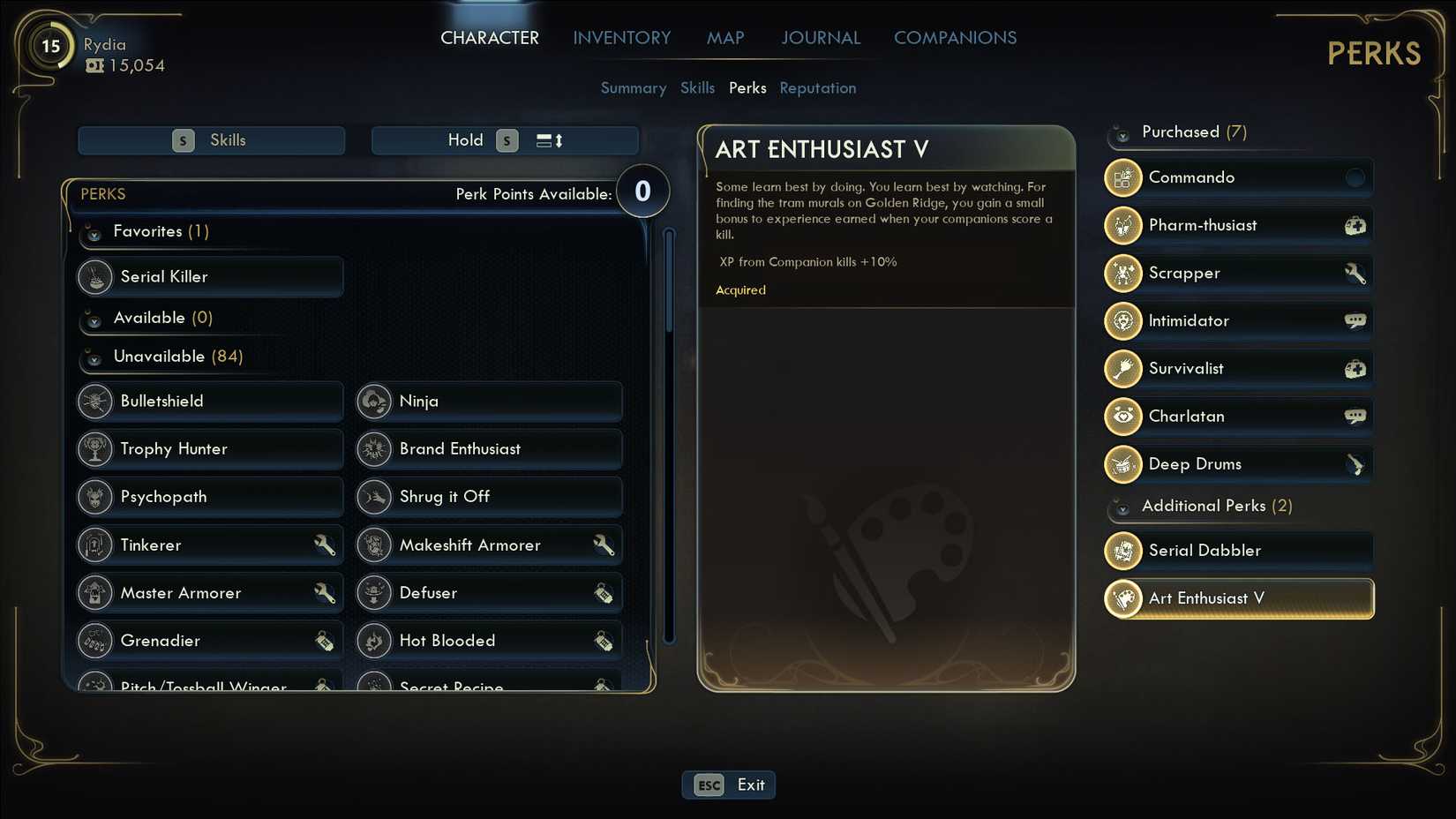A The Outer Worlds 2 showing the perks menu and the description of the Art Enthusiast V perk.