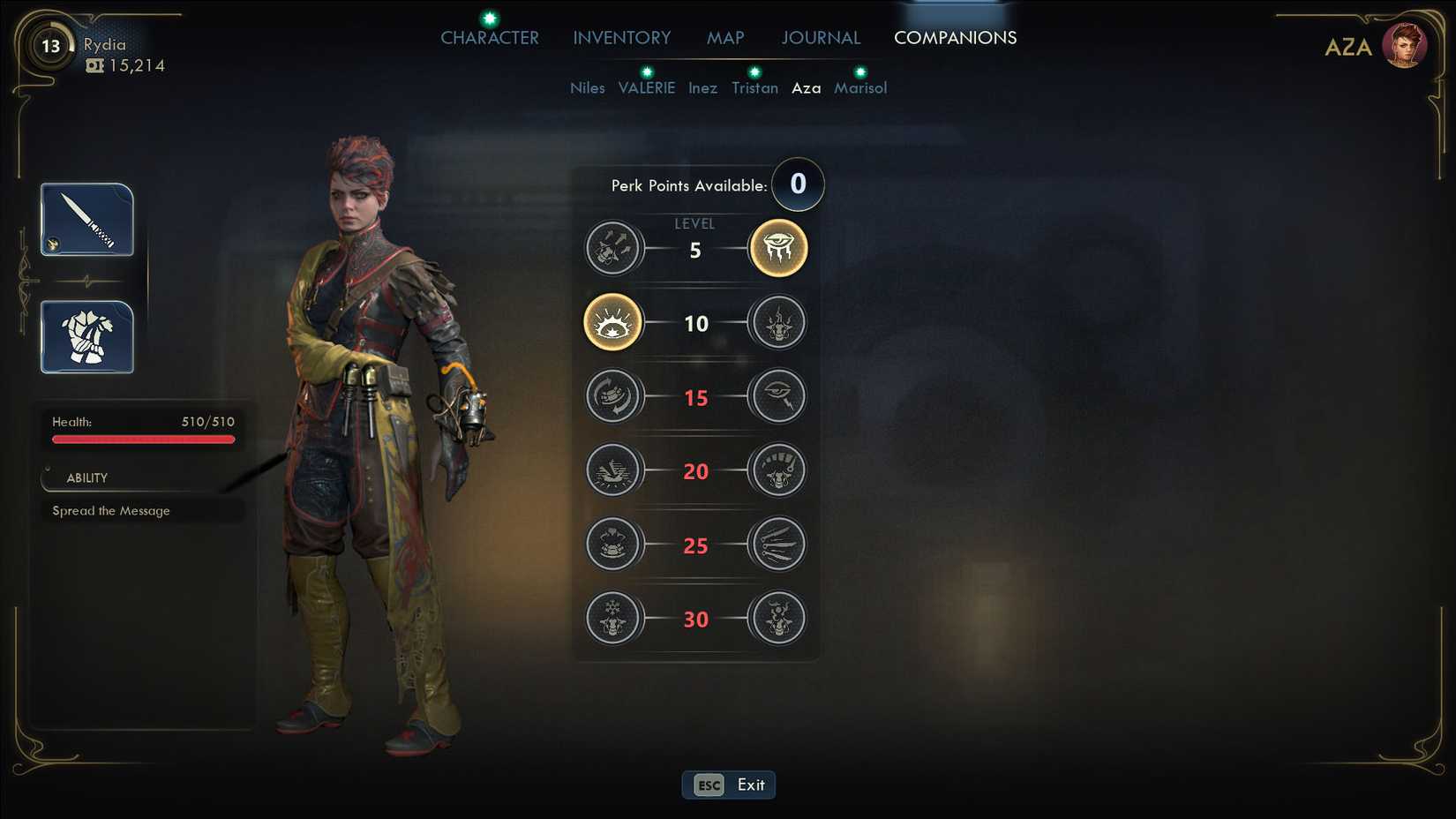 A The Outer Worlds 2 screenshot showing Aza's stats in the companion menu