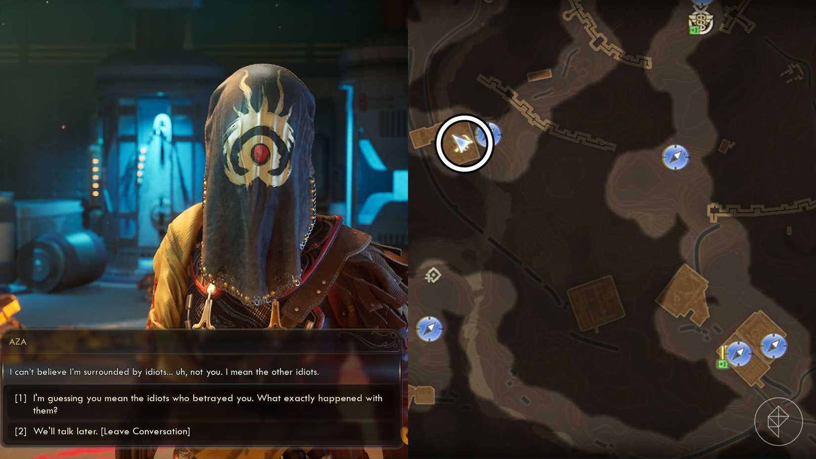 A montage of two The Outer Worlds 2 screenshots showing where players can meet Aza to recruit her