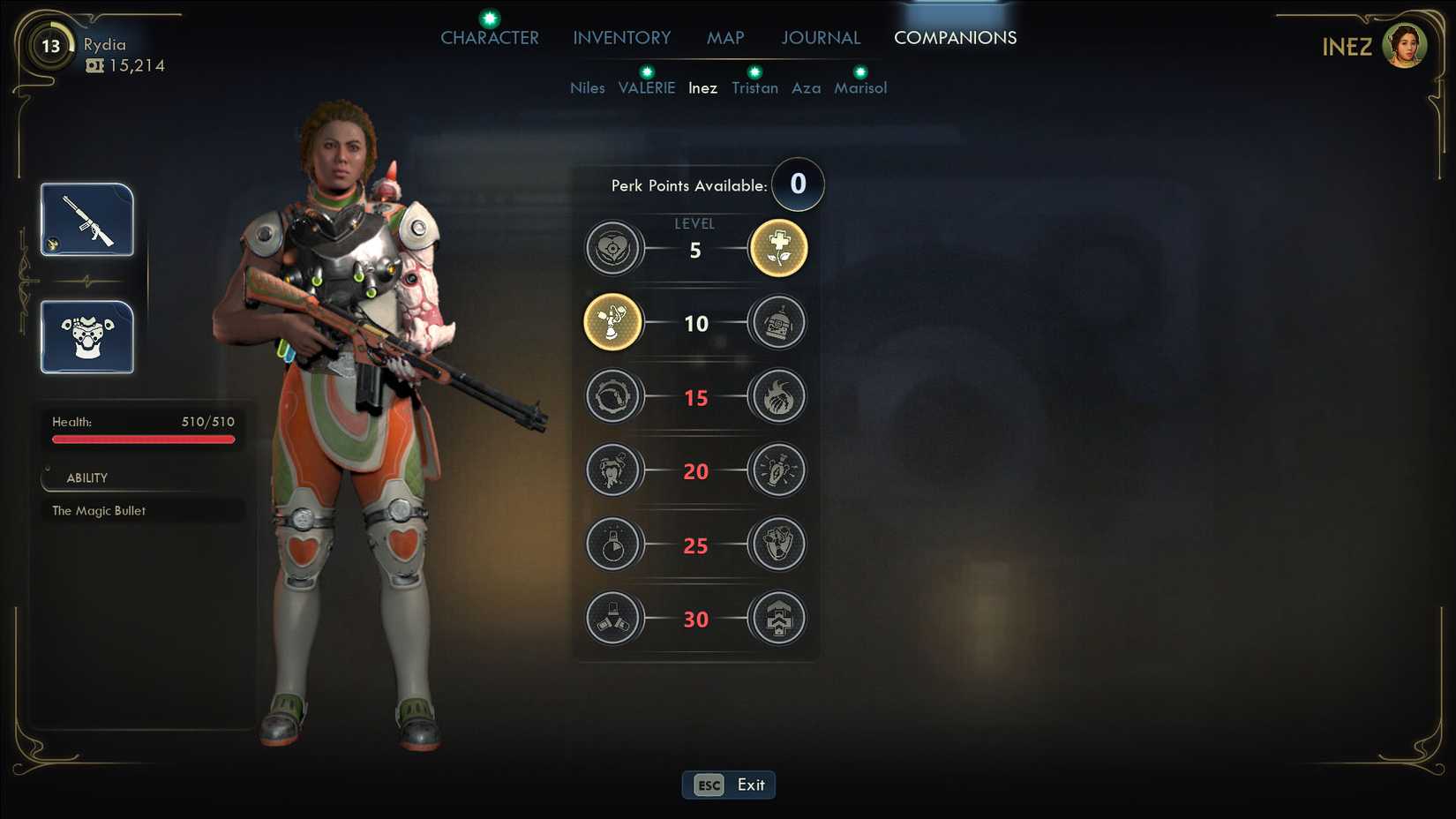 A The Outer Worlds 2 screenshot showing Inez's stats in the companion menu