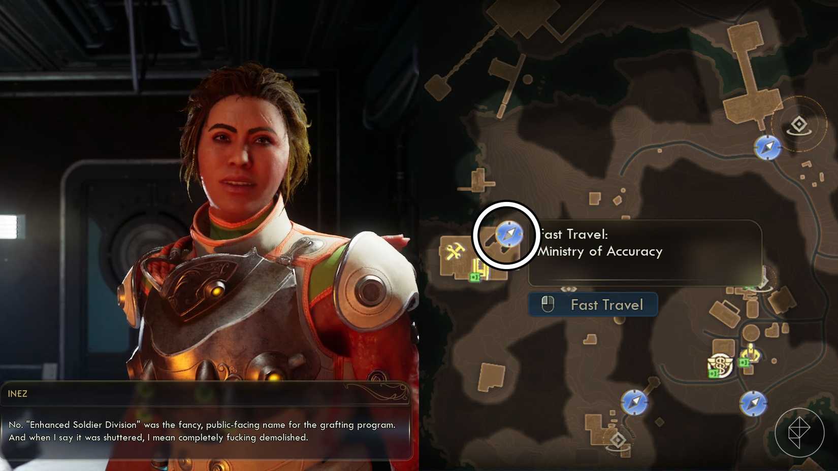 A montage of two The Outer Worlds 2 screenshots showing where players can meet Inez for the first time before recruiting her