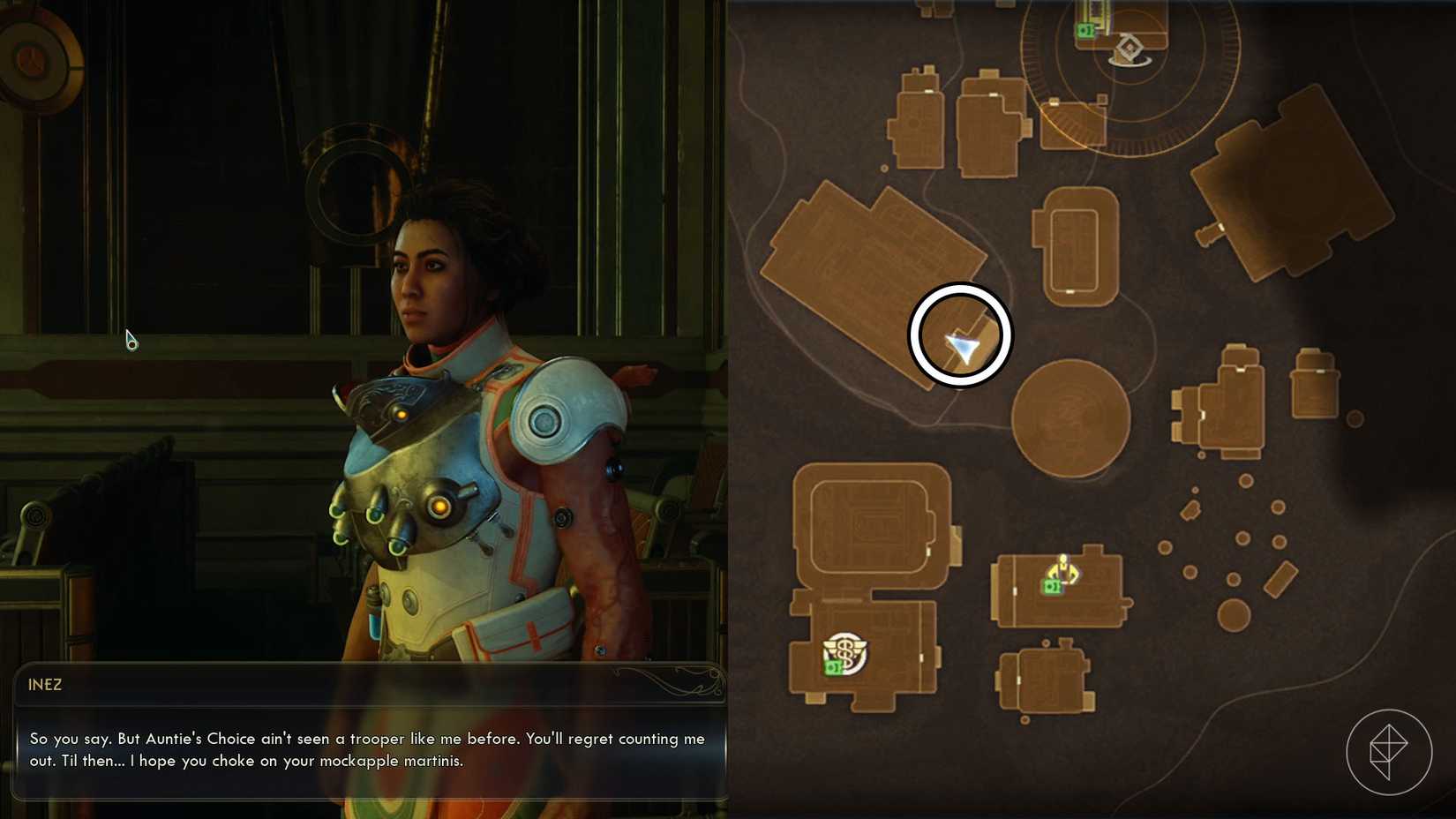 A montage of two The Outer Worlds 2 screenshost showing where to recruit Inez