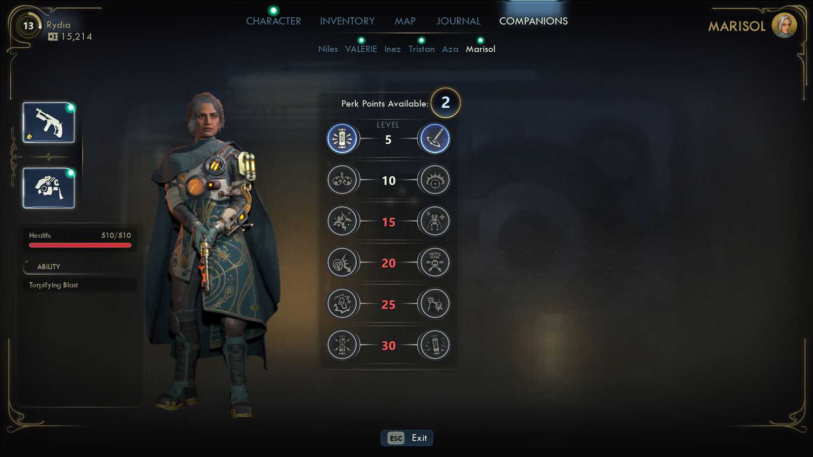 A The Outer Worlds 2 screenshot showing Marisol's stats in the companion menu
