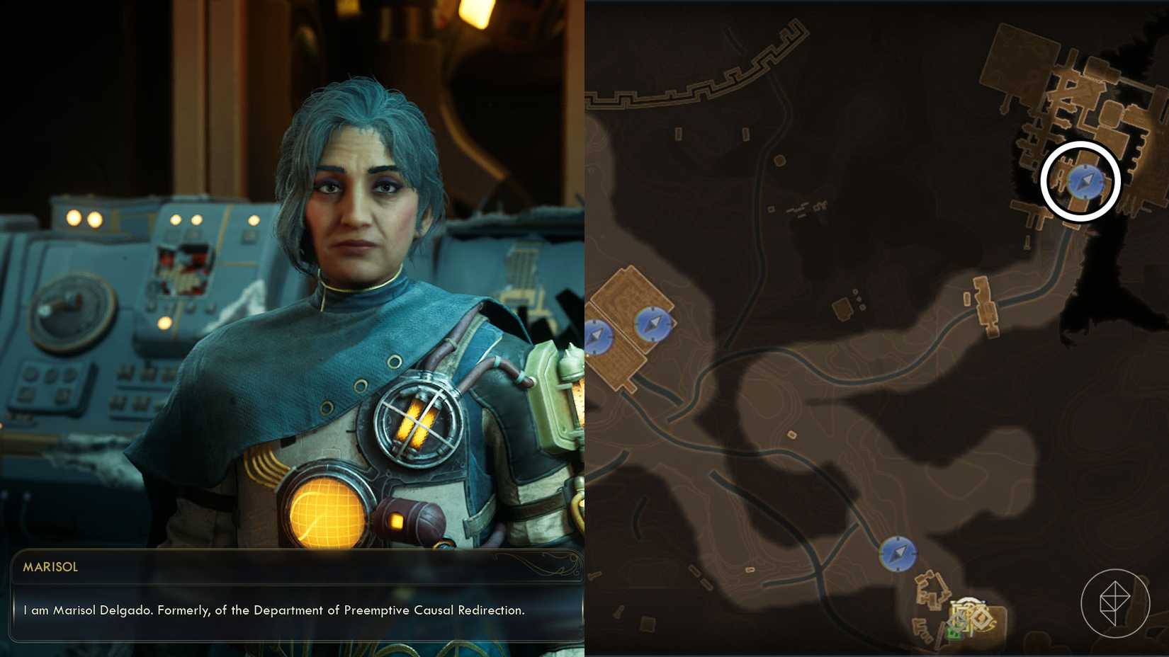 A montage of two The Outer Worlds 2 screenshots showing where players can meet Mirasolto recruit her.