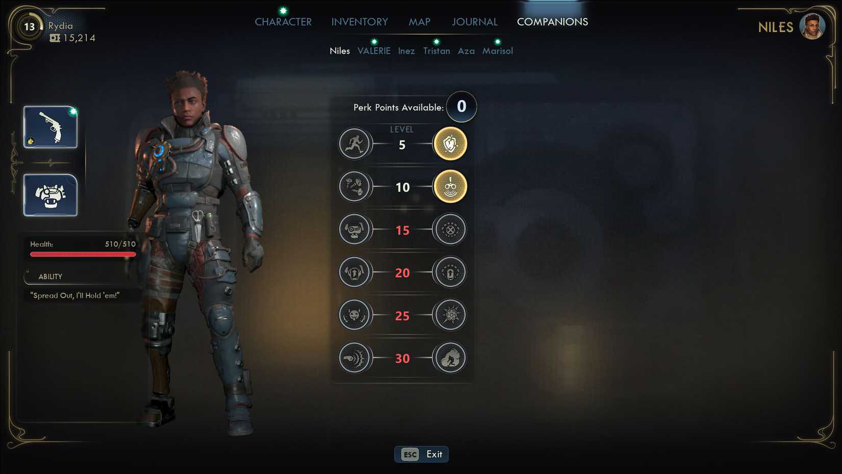 A The Outer Worlds 2 sreenshot showing Niles's stats in the companion menu