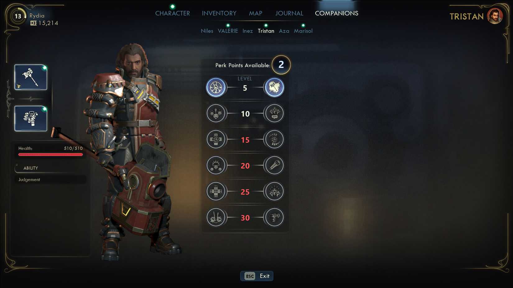 A The Outer Worlds 2 screenshot showing Tristan's stats in the companion menu