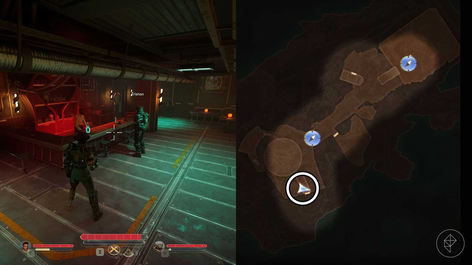 A montage of two The Outer Worlds 2 screenshots showing where players can meet Tristan to recruit him.