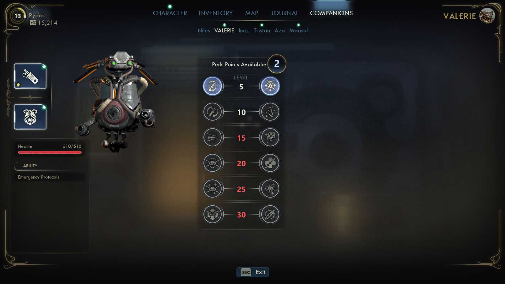 A The Outer Worlds 2 screenshot showing Valerie's stats in the companion menu