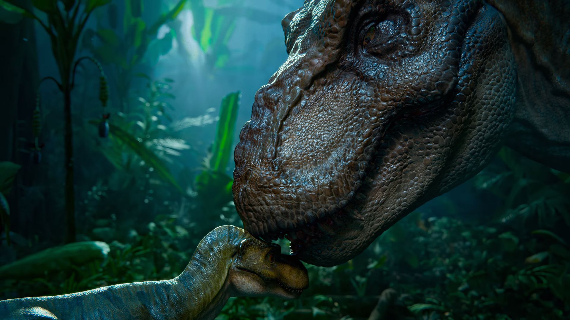 A mother T-rex nuzzles her young.